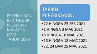 PEPERIKSAAN
BERTULIS SIJIL
PELAJARAN
MALAYSIA
(SPM)
TAHUN 2020
TARIKH
PEPERIKSAAN:
•22 HINGGA 25 FEB 2021
•1 HINGGA 3 MAC 2021
•8 HINGGA 10 MAC 2021
•15 HINGGA 18 MAC 2021
•22, 24 DAN 25 MAC 2021
 