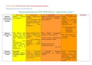 Жовтень 2019 р. Місячник права « Ми - громадяни правової держави»
Міжнародний місячник шкільних бібліотек
Тиждень правознавства 14.10 -18.10 (Учитель – предметник, кл.кер. )
30.09. -04.10 09.10-13.10 16.10-20.10 23.10-27.10 30.10-04.11
Ціннісне
ставлення до
суспільства і
держави
Лінійка « Тиждень
моєї України»
Лінійка « Тиждень моєї
України»
13.10- відзначення Дня
Захисника України, Дня
Українського Козацтва
13.10. – День
вишиванки
Лінійка « Тиждень моєї України»
Урок патріотизму « Покрова -
свято козацьке»
Лінійка « Тиждень моєї
України»
«Мова моя калинова»
(прийнято ЗУ «Про
державний статус
української мови)
30.10 День визволення
України від
Фашистських
загарбників
Ціннісне
ставлення до
себе
ГКК Школа прав
дитини « Де закон
виконується,там усі
праві бувають»(1-4
кл.)
«Всі люди
народжуються
вільними і рівними у
своїй гідності та
правах» (5 -8 кл
Мошкова І.С.)
Бесіда «Міцний тілом -
багатий і справою» до
здорового способу
життя .
(класні керівники)
Шкільний етап
конкурсу медіа
грамотності (Олешко
О.О.)
ГКК «Права громадянина
України» (класні керівники)
16-20.10. Зустріч з працівниками
органів внутрішніх справ
Конкурс буклетів анти
снідівської тематики
(соц.. пед.)
ГКК « Від добра ніхто
не втікає!» (класні
керівники)
Ціннісне
ставлення до
людей
Реалізація
шкільного проекту
« Класний місяць» -
2 клас
12.10. Спортивні
змагання «Козацькому
роду нема переводу»
( 1-8 клас) (класоводи,
вч.фіз.культ.)
Реалізація Програми
HealthySchools (за окремим
планом)
(28.10) 27.10.Мітинг-
реквієм до Дня
визволення України від
фашистських загарб-
ників. Покладання квітів
до пам’ятника. (пед...-
організ.)
 