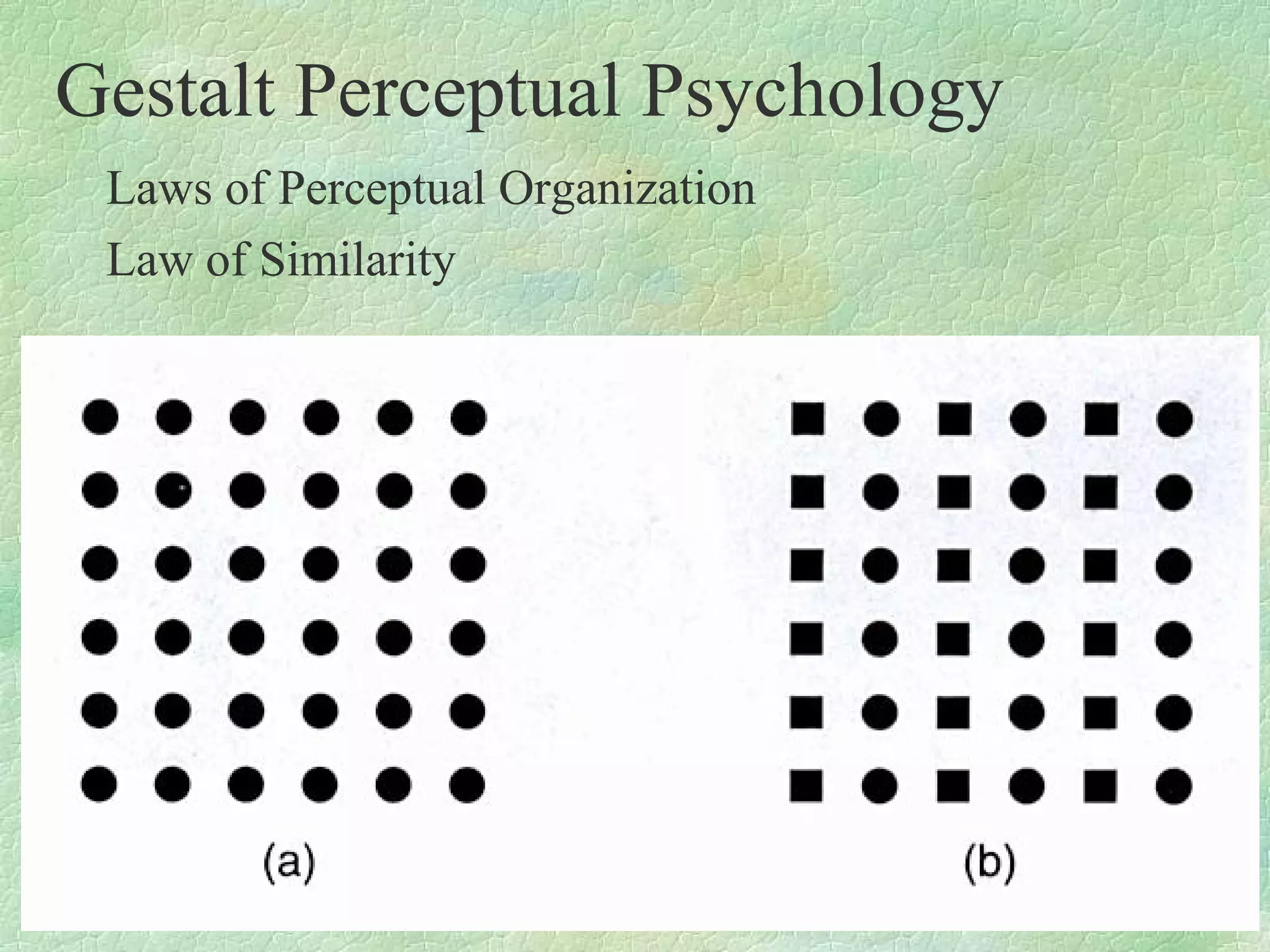 Gestalt Perceptual Psychology
 Laws of Perceptual Organization
 Law of Similarity
 