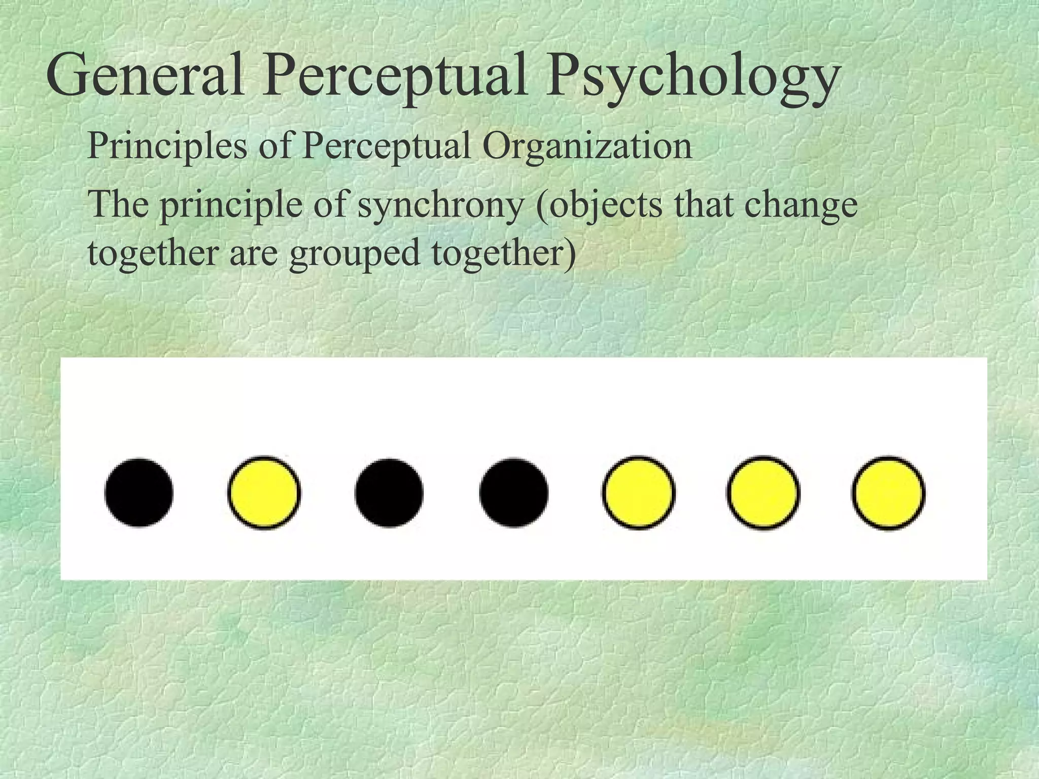 General Perceptual Psychology
 Principles of Perceptual Organization
 The principle of synchrony (objects that change
 together are grouped together)
 