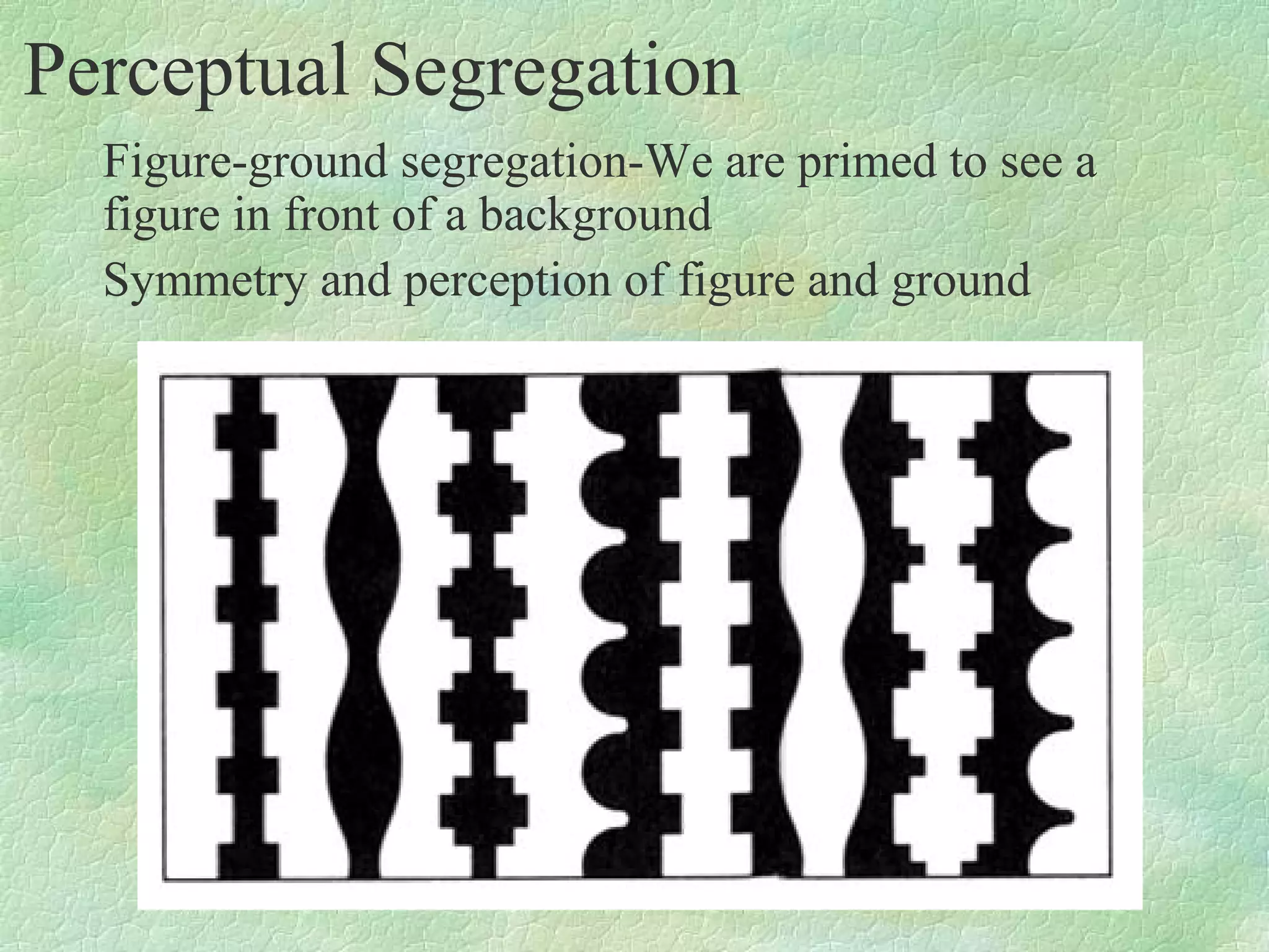 Perceptual Segregation
  Figure-ground segregation-We are primed to see a
  figure in front of a background
  Symmetry and perception of figure and ground
 