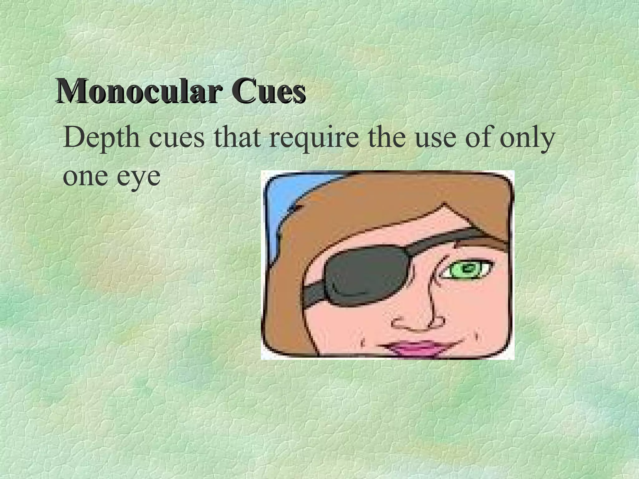 Monocular Cues
Depth cues that require the use of only
one eye
 