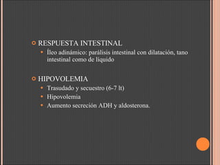 RESPUESTA INTESTINAL Íleo adinámico: parálisis intestinal con dilatación, tano intestinal como de líquido HIPOVOLEMIA Trasudado y secuestro (6-7 lt) Hipovolemia Aumento secreción ADH y aldosterona. 