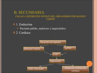 B. SECUNDARIA 1. Endocrina Paciente pálido, sudoroso y taquicárdico 2. Cardiaca FALLAS A DIFERENTES NIVELES DEL ORGANISMOS POR MANEJO TARDÍO Secuestro de líquidos Retorno venoso PVC GC Hipoxemia Daño miocardio Alteración contracción cardiaca 