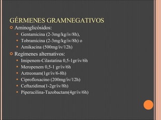 GÉRMENES GRAMNEGATIVOS Aminoglicósidos:  Gentamicina (2-3mg/kg/iv/8h),  Tobramicina (2-3mg/kg/iv/8h) o  Amikacina (500mg/iv/12h)  Regímenes alternativos: Imipenem-Cilastatina 0,5-1gr/iv/6h  Meropenem 0,5-1 gr/iv/6h  Aztreonam(1gr/iv/6-8h)  Ciprofloxacino (200mg/iv/12h)  Ceftazidima(1-2gr/iv/8h)  Piperacilina-Tazobactam(4gr/iv/6h)  