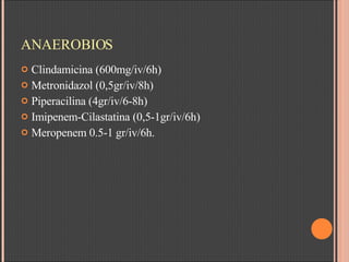 ANAEROBIOS Clindamicina (600mg/iv/6h) Metronidazol (0,5gr/iv/8h)  Piperacilina (4gr/iv/6-8h)  Imipenem-Cilastatina (0,5-1gr/iv/6h) Meropenem 0.5-1 gr/iv/6h. 