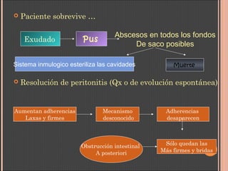  Paciente sobrevive …
 Resolución de peritonitis (Qx o de evolución espontánea)
Exudado Pus
Abscesos en todos los fondos
De saco posibles
Sistema inmulogico esteriliza las cavidades Muerte
Aumentan adherencias
Laxas y firmes
Mecanismo
desconocido
Adherencias
desaparecen
Sólo quedan las
Más firmes y bridas
Obstrucción intestinal
A posteriori
 