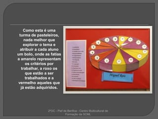 Como esta é uma turma de pasteleiros, nada melhor que explorar o tema e atribuir a cada aluno um bolo, onde as fatias a amarelo representam os critérios por trabalhar, a roxo os que estão a ser trabalhados e a vermelho aqueles que já estão adquiridos.2ºOC - Pief de Benfica - Centro Multicultural de Formação da SCML