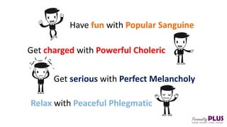 Have fun with Popular Sanguine
Get serious with Perfect Melancholy
Get charged with Powerful Choleric
Relax with Peaceful Phlegmatic
 