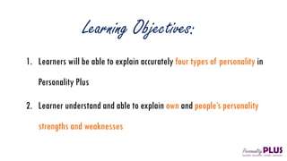 Learning Objectives:
1. Learners will be able to explain accurately four types of personality in
Personality Plus
2. Learner understand and able to explain own and people’s personality
strengths and weaknesses
 