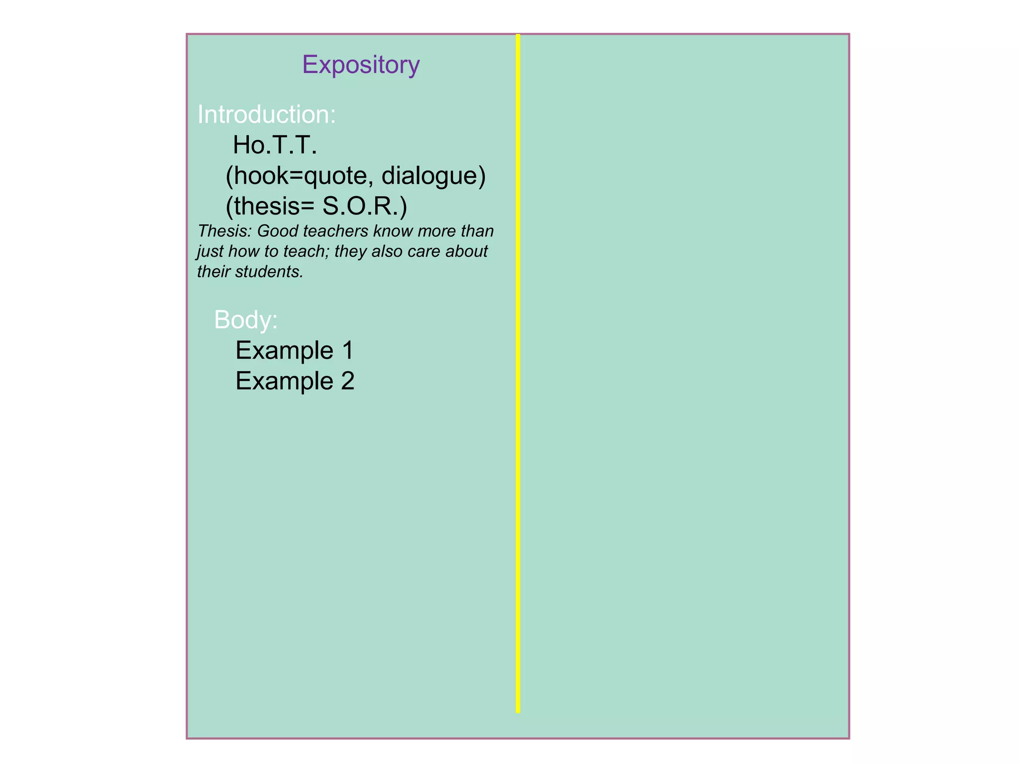 Expository
Body:
Example 1
Example 2
Introduction:
Ho.T.T.
(hook=quote, dialogue)
(thesis= S.O.R.)
Thesis: Good teachers know more than
just how to teach; they also care about
their students.
 