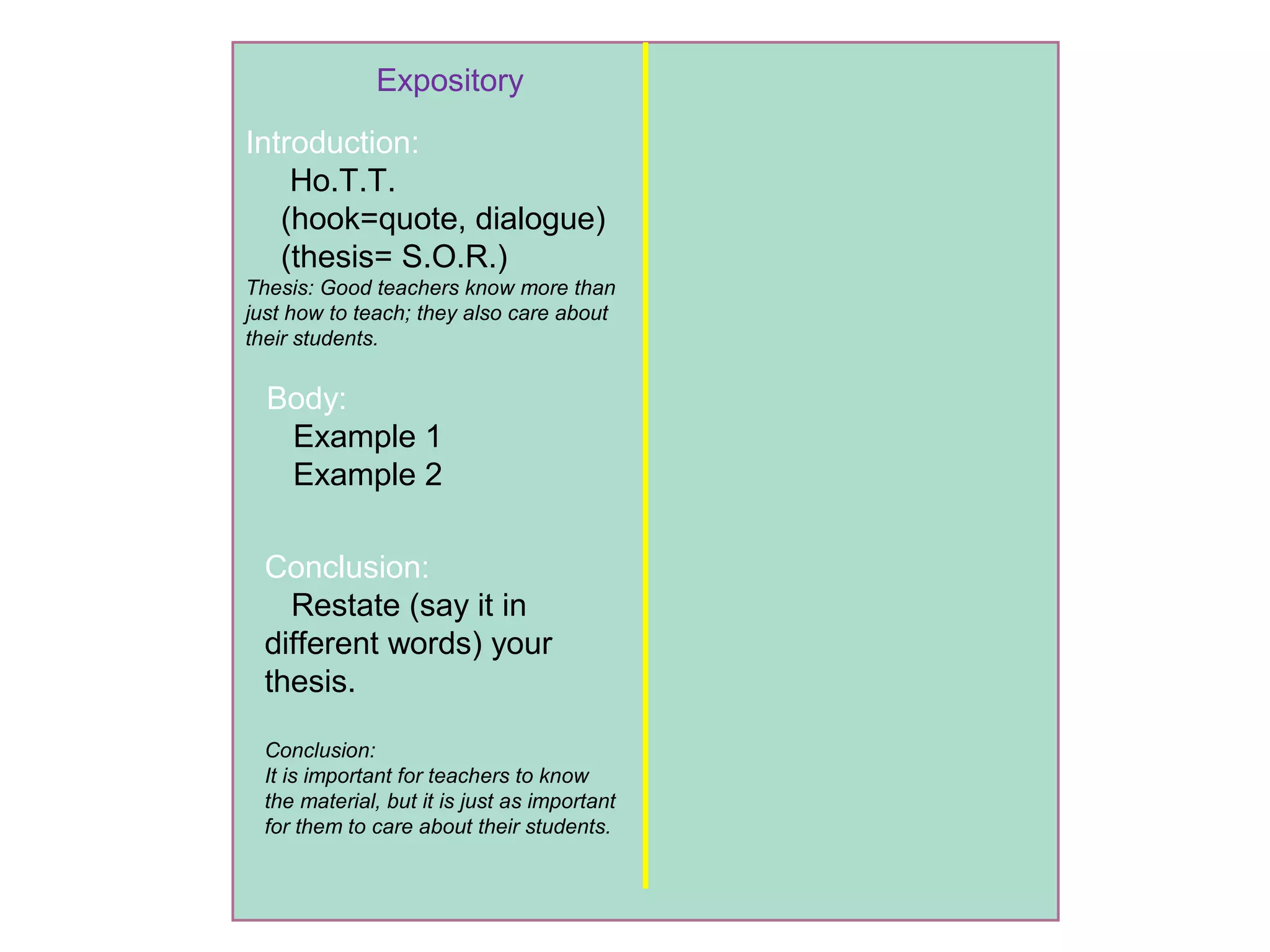 Expository
Body:
Example 1
Example 2
Introduction:
Ho.T.T.
(hook=quote, dialogue)
(thesis= S.O.R.)
Thesis: Good teachers know more than
just how to teach; they also care about
their students.
Conclusion:
Restate (say it in
different words) your
thesis.
Conclusion:
It is important for teachers to know
the material, but it is just as important
for them to care about their students.
 