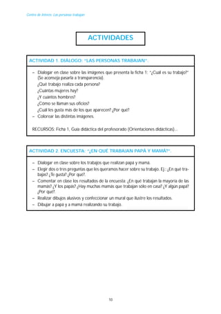 Centro de Interés: Las personas trabajan

ACTIVIDADES
ACTIVIDAD 1. DIÁLOGO: “LAS PERSONAS TRABAJAN”.
– Dialogar en clase sobre las imágenes que presenta la ficha 1: “¿Cuál es su trabajo?”
(Se aconseja pasarla a transparencia).
¿Qué trabajo realiza cada persona?
¿Cuántas mujeres hay?
¿Y cuántos hombres?
¿Cómo se llaman sus oficios?
¿Cuál les gusta más de los que aparecen? ¿Por qué?
– Colorear las distintas imágenes.
RECURSOS: Ficha 1, Guía didáctica del profesorado (Orientaciones didácticas)...

ACTIVIDAD 2. ENCUESTA: “¿EN QUÉ TRABAJAN PAPÁ Y MAMÁ?”.
– Dialogar en clase sobre los trabajos que realizan papá y mamá.
– Elegir dos o tres preguntas que les queramos hacer sobre su trabajo. Ej.: ¿En qué trabajas? ¿Te gusta? ¿Por qué?.
– Comentar en clase los resultados de la encuesta: ¿En qué trabajan la mayoría de las
mamás? ¿Y los papás? ¿Hay muchas mamás que trabajan sólo en casa? ¿Y algún papá?
¿Por qué?.
– Realizar dibujos alusivos y confeccionar un mural que ilustre los resultados.
– Dibujar a papá y a mamá realizando su trabajo.

10

 