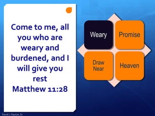 Come to me, all
you who are
weary and
burdened, and I
will give you
rest
Matthew 11:28
Weary Promise
Draw
Near Heaven
David J. Clayton, Sr.
 