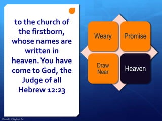 to the church of
the firstborn,
whose names are
written in
heaven.You have
come to God, the
Judge of all
Hebrew 12:23
Weary Promise
Draw
Near Heaven
David J. Clayton, Sr.
 
