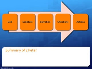 Summary of 1 Peter
God Scripture Salvation Christians Actions
David J. Clayton, Sr.
 