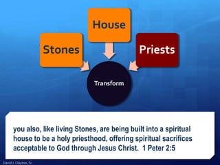 you also, like living Stones, are being built into a spiritual
house to be a holy priesthood, offering spiritual sacrifices
acceptable to God through Jesus Christ. 1 Peter 2:5
Transform
Stones
House
Priests
David J. Clayton, Sr.
 