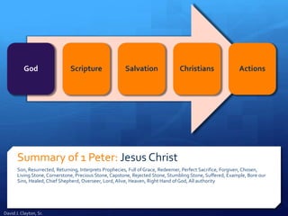 Summary of 1 Peter: Jesus Christ
Son, Resurrected, Returning, Interprets Prophecies, Full of Grace, Redeemer, Perfect Sacrifice, Forgiven, Chosen,
Living Stone,Cornerstone, Precious Stone, Capstone, Rejected Stone, Stumbling Stone, Suffered, Example, Bore our
Sins, Healed, Chief Shepherd, Overseer, Lord, Alive, Heaven, Right Hand of God, All authority
God Scripture Salvation Christians Actions
David J. Clayton, Sr.
 