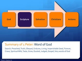 Summary of 1 Peter:Word of God
Search, Preached,Truth, Obeyed, Endures, Living, Imperishable Seed, Forever,
Crave, Spiritual Milk,Taste, Grow, Quoted, Judged, Gospel,Very words of God
God Scripture Salvation Christians Actions
David J. Clayton, Sr.
 