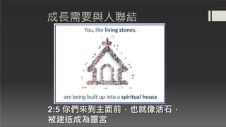 成長需要與人聯結
2:5 你們來到主面前，也就像活石，
被建造成為靈宮
 
