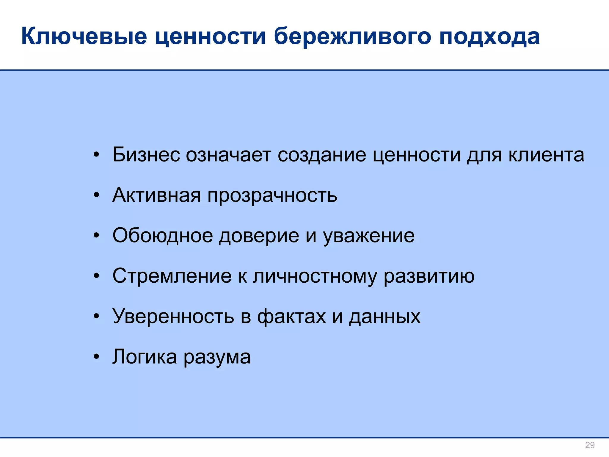 Ключевые ценности бережливого подхода
29
• Бизнес означает создание ценности для клиента
• Активная прозрачность
• Обоюдное доверие и уважение
• Стремление к личностному развитию
• Уверенность в фактах и данных
• Логика разума
 