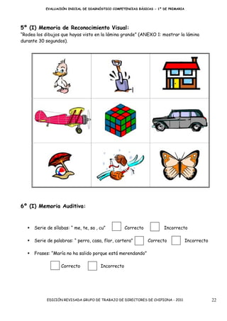 EVALUACIÓN INICIAL DE DIAGNÓSTICO COMPETENCIAS BÁSICAS - 1º DE PRIMARIA




5º (I) Memoria de Reconocimiento Visual:
“Rodea los dibujos que hayas visto en la lámina grande” (ANEXO 1: mostrar la lámina
durante 30 segundos).




6º (I) Memoria Auditiva:



      Serie de sílabas: “ me, te, sa , cu”          Correcto           Incorrecto

      Serie de palabras: “ perro, casa, flor, cartera”         Correcto              Incorrecto

      Frases: “María no ha salido porque está merendando”

                   Correcto            Incorrecto




            EDICIÓN REVISADA GRUPO DE TRABAJO DE DIRECTORES DE CHIPIONA - 2011                    22
 
