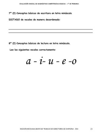EVALUACIÓN INICIAL DE DIAGNÓSTICO COMPETENCIAS BÁSICAS - 1º DE PRIMARIA




7º (I) Conceptos básicos de escritura en letra minúscula

DICTADO de vocales de manera desordenada:




8º (I) Conceptos básicos de lectura en letra minúscula.

Lee las siguientes vocales correctamente:




                a - i- u - e -o




          EDICIÓN REVISADA GRUPO DE TRABAJO DE DIRECTORES DE CHIPIONA - 2011       23
 