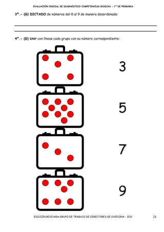 EVALUACIÓN INICIAL DE DIAGNÓSTICO COMPETENCIAS BÁSICAS - 1º DE PRIMARIA


3º.- (G) DICTADO de números del 0 al 9 de manera desordenada:




4º.- (G) Unir con líneas cada grupo con su número correspondiente:




                                                                       3


                                                                       5


                                                                       7


                                                                       9
            EDICIÓN REVISADA GRUPO DE TRABAJO DE DIRECTORES DE CHIPIONA - 2011       28
 