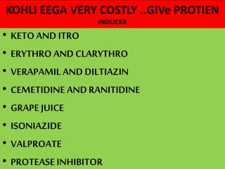 KOHLI EEGA VERY COSTLY ..GIVe PROTIEN
INDUCER
• KETO AND ITRO
• ERYTHRO AND CLARYTHRO
• VERAPAMIL AND DILTIAZIN
• CEMETIDINE ANDRANITIDINE
• GRAPE JUICE
• ISONIAZIDE
• VALPROATE
• PROTEASE INHIBITOR
 