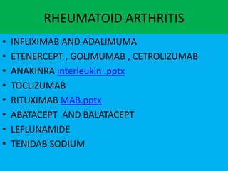 RHEUMATOID ARTHRITIS
• INFLIXIMAB AND ADALIMUMA
• ETENERCEPT , GOLIMUMAB , CETROLIZUMAB
• ANAKINRA interleukin .pptx
• TOCLIZUMAB
• RITUXIMAB MAB.pptx
• ABATACEPT AND BALATACEPT
• LEFLUNAMIDE
• TENIDAB SODIUM
 