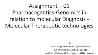 Assignment – 01
Pharmacogentics-Genomics in
relation to molecular Diagnosis -
Molecular Therapeutic technologies
By
Narra Naga Pavan Kumar (KVPY Fellow)
1st M.Tech Biotech (14IS1D0301)
Institute of Science & Technology, JNTUK University
 