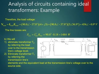 Analysis of circuits containing ideal
transformers: Example
Therefore, the load voltage:
    90.8 37.8 (4 3) 90.8 37.8 5 36.9 454 0.9load load load j V            V I Z
The line losses are:
2 2
90.8 0.18 1484loss line lineP I R W    
b) We will
1) eliminate transformer T2
by referring the load
over to the transmission
line’s voltage level.
2) Eliminate transformer T1
by referring the
transmission line’s
elements and the equivalent load at the transmission line’s voltage over to the
source side.
 