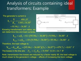 Analysis of circuits containing ideal
transformers: Example
The generator’s current is
'
480 0
5.003 36.88
95.94 36.88
G
eq
A
 
 
 
  
V
I
Z
Knowing transformers’ turn ratios, we
can determine line and load currents:
 1 0.1 95.94 36.88 9.594 36.88line Ga A       I I
 2 10 9.594 36.88 95.94 36.88load linea A       I I
Therefore, the load voltage is:
  95.94 36.88 5 36.87 479.7 0.01load load load V        V I Z
The losses in the line are: 2 2
9.594 0.18 16.7loss line lineP I R W    
Note: transmission line losses are reduced by a factor nearly 90, the load voltage is
much closer to the generator’s voltage – effects of increasing the line’s voltage.
 