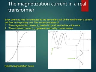 The magnetization current in a real
transformer
Even when no load is connected to the secondary coil of the transformer, a current
will flow in the primary coil. This current consists of:
1. The magnetization current im needed to produce the flux in the core;
2. The core-loss current ih+e hysteresis and eddy current losses.
Flux causing the
magnetization current
Typical magnetization curve
 