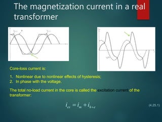 The magnetization current in a real
transformer
Core-loss current
Core-loss current is:
total excitation current in a transformer
1. Nonlinear due to nonlinear effects of hysteresis;
2. In phase with the voltage.
The total no-load current in the core is called the excitation current of the
transformer:
ex m h ei i i   (4.25.1)
 