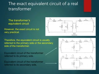 The exact equivalent circuit of a real
transformer
The transformer’s
equivalent circuit
However, the exact circuit is not
very practical.
Therefore, the equivalent circuit is usually
referred to the primary side or the secondary
side of the transformer.
Equivalent circuit of the transformer
referred to its primary side.
Equivalent circuit of the transformer
referred to its secondary side.
 