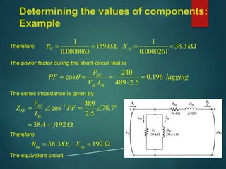 Determining the values of components:
Example
Therefore:
1 1
159 ; 38.3
0.0000063 0.0000261
C MR k X k        
240
cos 0.196
489 2.5
SC
SC SC
P
PF lagging
V I
    

1 489
cos 78.7
2.5
38.4 192
SC
SE
SC
V
Z PF
I
j

    
  
38.3 ; 192eq eqR X    
The power factor during the short-circuit test is
The series impedance is given by
Therefore:
The equivalent circuit
 