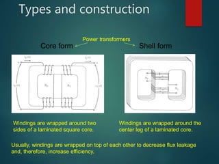 Types and construction
Core form Shell form
Power transformers
Windings are wrapped around two
sides of a laminated square core.
Windings are wrapped around the
center leg of a laminated core.
Usually, windings are wrapped on top of each other to decrease flux leakage
and, therefore, increase efficiency.
 