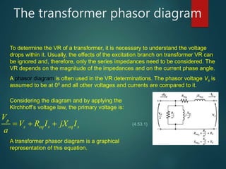 The transformer phasor diagram
p
s eq s eq s
V
V R I jX I
a
  
To determine the VR of a transformer, it is necessary to understand the voltage
drops within it. Usually, the effects of the excitation branch on transformer VR can
be ignored and, therefore, only the series impedances need to be considered. The
VR depends on the magnitude of the impedances and on the current phase angle.
A phasor diagram is often used in the VR determinations. The phasor voltage Vs is
assumed to be at 00 and all other voltages and currents are compared to it.
Considering the diagram and by applying the
Kirchhoff’s voltage law, the primary voltage is:
A transformer phasor diagram is a graphical
representation of this equation.
(4.53.1)
 