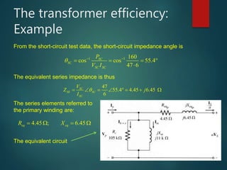 The transformer efficiency:
Example
From the short-circuit test data, the short-circuit impedance angle is
1 1 160
cos cos 55.4
47 6
SC
SC
SC SC
P
V I
  
   

The equivalent series impedance is thus
47
55.4 4.45 6.45
6
SC
SE SC
SC
V
Z j
I
       
The series elements referred to
the primary winding are:
4.45 ; 6.45eq eqR X    
The equivalent circuit
 
