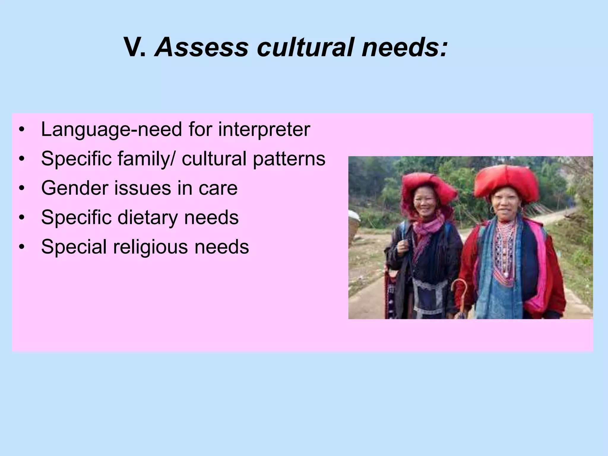 V. Assess cultural needs: 
• Language-need for interpreter 
• Specific family/ cultural patterns 
• Gender issues in care 
• Specific dietary needs 
• Special religious needs 
 