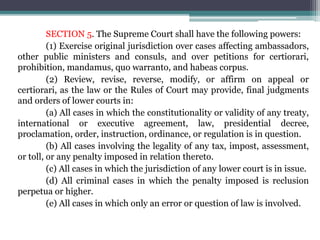 SECTION 5. The Supreme Court shall have the following powers:
(1) Exercise original jurisdiction over cases affecting ambassadors,
other public ministers and consuls, and over petitions for certiorari,
prohibition, mandamus, quo warranto, and habeas corpus.
(2) Review, revise, reverse, modify, or affirm on appeal or
certiorari, as the law or the Rules of Court may provide, final judgments
and orders of lower courts in:
(a) All cases in which the constitutionality or validity of any treaty,
international or executive agreement, law, presidential decree,
proclamation, order, instruction, ordinance, or regulation is in question.
(b) All cases involving the legality of any tax, impost, assessment,
or toll, or any penalty imposed in relation thereto.
(c) All cases in which the jurisdiction of any lower court is in issue.
(d) All criminal cases in which the penalty imposed is reclusion
perpetua or higher.
(e) All cases in which only an error or question of law is involved.
 