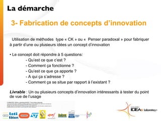 3- Fabrication de concepts d’innovation Utilisation de méthodes  type « CK » ou «  Penser paradoxal » pour fabriquer à partir d’une ou plusieurs idées un concept d’innovation Le concept doit répondre à 5 questions: - Qu’est ce que c’est ? - Comment ça fonctionne ? - Qu’est ce que ça apporte ? - A qui ça s’adresse ? - Comment ça se situe par rapport à l’existant ? Livrable  : Un ou plusieurs concepts d’innovation intéressants à tester du point de vue de l’usage La démarche  