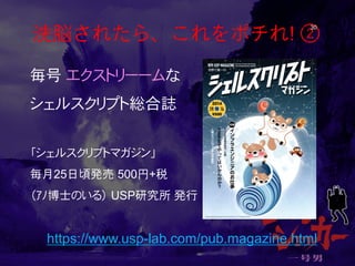 洗脳されたら、これをポチれ! ② 30 
毎号 エクストリーームな 
シェルスクリプト総合誌 
「シェルスクリプトマガジン」 
毎月25日頃発売 500円+税 （ｱﾉ博士のいる） USP研究所 発行 
https://www.usp-lab.com/pub.magazine.html  