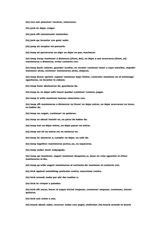 (to) iron out: planchar/ resolver, solucionar.

(to) jack in: dejar, colgar.

(to) jack off: meneársela/ masturbar.

(to) jack up: levantar con gato/ subir.

(to) jump at: aceptar sin pensarlo.

(to) keep at: perseverar en algo/ no dejar en paz, machacar.

(to) keep away: mantener a distancia ((from, de)), no dejar a uno acercarse ((from, a))/
mantenerse a distancia, evitar contacto con.

(to) keep back: retener, guardar/ ocultar, no revelar/ contener/ tener a raya/ estorbar, impedir/
mantener atrás, contener/ mantenerse atrás, alejarse.

(to) keep down: oprimir, sujetar/ mantener bajo/ limitar, controlar/ mantener en el estómago/
agacharse, no levantar la cabeza.

(to) keep from: abstenerse de, guardarse de.

(to) keep in: no dejar salir/ hacer quedar/ contener/ costear, pagar.

(to) keep in with: mantener buenas relaciones con.

(to) keep off: mantenerse a distancia/ no llover/ no dejar entrar, no dejar acercarse/ no tocar,
no hablar de.

(to) keep on: seguir, continuar/ no quitarse.

(to) keep on about: insistir en, no parar de hablar de.

(to) keep out: no dejar entrar, no dejar pasar/ no entrar.

(to) keep out of: no entrar en/ no meterse en.

(to) keep to: atenerse a, cumplir/ no dejar, no salir de.

(to) keep together: mantenerse juntos,-as, no separarse.

(to) keep under: tener subyugado.

(to) keep up: mantener, seguir/ mantener despierto,-a, tener en vela/ aguantar el ritmo/
mantenerse al día.

(to) keep up with: seguir/ mantenerse al corriente de/ mantener el contacto con.

(to) kick against something: protestar contra, reaccionar contra.

(to) kick around: andar por ahí/ dar vueltas a.

(to) kick in: romper a patadas.

(to) kick off: sacar, hacer el saque inicial/ empezar, comenzar/ empezar, comenzar, iniciar/
quitarse.

(to) kick out: echar a uno.

(to) knock about: rodar, recorrer/ andar con/ pegar, maltratar: (to) knock around: to knock
 