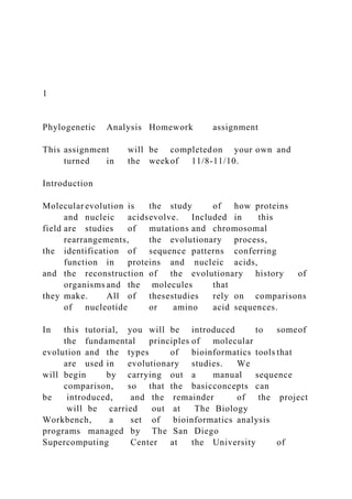 1
Phylogenetic Analysis Homework assignment
This assignment will be completedon your own and
turned in the weekof 11/8-11/10.
Introduction
Molecular evolution is the study of how proteins
and nucleic acidsevolve. Included in this
field are studies of mutations and chromosomal
rearrangements, the evolutionary process,
the identification of sequence patterns conferring
function in proteins and nucleic acids,
and the reconstruction of the evolutionary history of
organisms and the molecules that
they make. All of thesestudies rely on comparisons
of nucleotide or amino acid sequences.
In this tutorial, you will be introduced to someof
the fundamental principles of molecular
evolution and the types of bioinformatics tools that
are used in evolutionary studies. We
will begin by carrying out a manual sequence
comparison, so that the basicconcepts can
be introduced, and the remainder of the project
will be carried out at The Biology
Workbench, a set of bioinformatics analysis
programs managed by The San Diego
Supercomputing Center at the University of
 