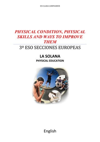 IES CLARA CAMPOAMORPHYSICAL CONDITION, PHYSICAL SKILLS AND WAYS TO IMPROVE THEM3º ESO SECCIONES EUROPEASLA SOLANAPHYSICAL EDUCATIONEnglishINDEX TOC  quot;
1-3quot;
    PHYSICAL CONDITION, PHYSICAL SKILLS AND WAYS TO IMPROVE THEM PAGEREF _Toc272832912  11.CONDITIONING PAGEREF _Toc272832913  31.1.THE COMPONENTS OF FITNESS PAGEREF _Toc272832914  31.2.PHYSICAL FITNESS PAGEREF _Toc272832915  32. ENDURANCE TRAINING PAGEREF _Toc272832916  42.1. WHAT IS THE OBJECTIVE OF ENDURANCE TRAINING? PAGEREF _Toc272832917  42.2. WHAT ARE THE ENERGY PRODUCTION SYSTEMS? PAGEREF _Toc272832918  42.3. WHAT TYPES OF ENDURANCE ARE THERE? PAGEREF _Toc272832919  42.4. AEROBIC ENDURANCE PAGEREF _Toc272832920  42.5. AEROBIC THRESHOLD PAGEREF _Toc272832921  42.5. ANAEROBIC ENDURANCE PAGEREF _Toc272832922  52.6. ANAEROBIC THRESHOLD PAGEREF _Toc272832923  52.7. SPEED ENDURANCE PAGEREF _Toc272832924  52.8. STRENGTH ENDURANCE PAGEREF _Toc272832925  52.9 EFFECT ON THE HEART PAGEREF _Toc272832926  53. STRENGHT PAGEREF _Toc272832927  63.1. WHAT ARE THE CLASSIFICATIONS OF STRENGTH? PAGEREF _Toc272832928  63.2 ABSOLUTE AND RELATIVE STRENGTH PAGEREF _Toc272832929  63.3. HOW DO WE GET STRONG? PAGEREF _Toc272832930  63.4. HOW DO WE DEVELOP STRENGTH? PAGEREF _Toc272832931  63.5. THE EFFECTS OF STRENGTH TRAINING PAGEREF _Toc272832932  73.6. MYOGENIC CHANGES PAGEREF _Toc272832933  73.7. NEUROGENIC CHANGES PAGEREF _Toc272832934  74. SPEED TRAINING PAGEREF _Toc272832935  84.1. WHAT IS SPEED? PAGEREF _Toc272832936  84.2. HOW IS SPEED INFLUENCED? PAGEREF _Toc272832937  84.3. ENERGY SYSTEM FOR SPEED PAGEREF _Toc272832938  84.4. HOW DO WE DEVELOP SPEED? PAGEREF _Toc272832939  84.5. WHEN SHOULD SPEED WORK BE CONDUCTED? PAGEREF _Toc272832940  84.6. PART OF THE TRAINNING PROGRAM TO IMPROVE YOU SPEED PAGEREF _Toc272832941  85. FLEXIBILITY - MOBILITY PAGEREF _Toc272832942  105.1. WHAT IS FLEXIBILITY? PAGEREF _Toc272832943  105.2. WHY DO FLEXIBILITY EXERCISES? PAGEREF _Toc272832944  10What types of flexibility exercises are there? PAGEREF _Toc272832945  10Which method is best? PAGEREF _Toc272832946  10Factors limiting flexibility PAGEREF _Toc272832947  10<br />CONDITIONING<br />100965227330One of the misconceptions in the sports world is that a sports person gets in shape by just playing or taking part in his/her chosen sport. If a stationary level of performance, consistent ability in executing a few limited skills is your goal, then engaging only in your sport will keep you there. However, if you want the utmost efficiency, consistent improvement, and balanced abilities sportsmen and women must participate in year round conditioning programs.<br />THE COMPONENTS OF FITNESS<br />Health is a state of complete mental, physical and social well being where as fitness is the ability to meet the demands of a physical task.<br />Basic fitness can be classified in four main components: strength, speed, stamina and flexibility. <br />However, exercise scientists have identified nine components that comprise the definition of fitness:<br />Strength - the extent to which muscles can exert force by contracting against resistance (e.g. holding or restraining an object or person)<br />Power - the ability to exert maximum muscular contraction instantly in an explosive burst of movements. The two components of power are strength and speed. (e.g. jumping or a sprint start)<br />Agility - the ability to perform a series of explosive power movements in rapid succession in opposing directions (e.g. ZigZag running or cutting movements)<br />Balance - the ability to control the body's position, either stationary (e.g. a handstand) or while moving (e.g. a gymnastics stunt)<br />Flexibility - the ability to achieve an extended range of motion without being impeded by excess tissue, i.e. fat or muscle (e.g. executing a leg split)<br />Local Muscle Endurance - a single muscle's ability to perform sustained work (e.g. rowing or cycling)<br />Cardiovascular Endurance - the heart's ability to deliver blood to working muscles and their ability to use it (e.g. running long distances)<br />Strength Endurance - a muscle's ability to perform a maximum contraction time after time (e.g. continuous explosive rebounding through an entire basketball game)<br />Co-ordination- the ability to integrate the above listed components so that effective movements are achieved.<br />PHYSICAL FITNESS<br />Physical fitness refers to the capacity of an athlete to meet the varied physical demands of their sport without reducing the athlete to a fatigued state. The components of physical fitness are:<br />Endurance<br />Strength<br />Speed<br />Flexibility<br />2. ENDURANCE TRAINING <br />-1562104654552.1. WHAT IS THE OBJECTIVE OF ENDURANCE TRAINING?<br />The objective of endurance training is to develop the energy production systems to meet the demands of the event.<br />2.2. WHAT ARE THE ENERGY PRODUCTION SYSTEMS?<br />In the human body, food energy is used to manufacture adenosine triphosphate (ATP) the chemical compound that supplies energy for muscular contraction. Since ATP is in very low concentrations in the muscle, and since it decreases only to a minor extent, even in the most intense voluntary contraction, tightly controlled energy pathways exist for the continual regeneration of ATP as muscular contraction continues. For continuous exercise, ATP must be re-synthesised at the same rate as it is utilised.<br />2.3. WHAT TYPES OF ENDURANCE ARE THERE?<br />Duration% Aerobic% Anaerobic0-10 seconds6940-15 seconds12880-20 seconds18820-30 seconds27730-45 seconds37630-60 seconds45550-75 seconds51480-90 seconds56440-120 seconds63370-180 seconds73270-240 seconds7921<br />The types of endurance are aerobic endurance, anaerobic endurance, speed endurance and strength endurance. A sound basis of aerobic endurance is fundamental for all events.<br />Work conducted by Paul B Gastin, quot;
Energy system interaction and relative contribution during maximal exercisequot;
 Sports Med 2001: 31(10); 725-741, provides estimates of anaerobic and aerobic energy contribution during selected periods of maximal exercise (95% effort).<br />2.4. AEROBIC ENDURANCE<br />Aerobic means 'with oxygen'. During aerobic work, the body is working at a level that the demands for oxygen and fuel can be meet by the body's intake. The only waste products formed are carbon dioxide and water. These are removed as sweat and by breathing out.<br />Aerobic endurance can be sub-divided as follows:<br />Short aerobic - 2 minutes to 8 minutes (lactic/aerobic)<br />Medium aerobic - 8 minutes to 30 minutes (mainly aerobic)<br />Long aerobic - 30 minutes + (aerobic)<br />Aerobic endurance is developed using continuous and interval running.<br />Continuous duration runs to improve maximum oxygen uptake (VO2max)<br />Interval training to improve the heart as a muscular pump<br />2.5. AEROBIC THRESHOLD<br />The aerobic threshold, point at which anaerobic energy pathways start to operate, is around 65% of maximum heart rate. This is approximately 40 beats lower than the anaerobic threshold.<br />2.5. ANAEROBIC ENDURANCE<br />Anaerobic means 'without oxygen'. During anaerobic work, involving maximum effort, the body is working so hard that the demands for oxygen and fuel exceed the rate of supply and the muscles have to rely on the stored reserves of fuel. The muscles, being starved of oxygen, take the body into a state known as oxygen debt. The body's stored fuel soon runs out and activity ceases - painfully. This point is often measured as the lactic threshold or anaerobic threshold or onset of blood lactate accumulation (OBLA). Activity will not be resumed until the lactic acid is removed and the oxygen debt repaid.<br />The alactic anaerobic pathway is the one in which the body is working anaerobically but without the production of lactic acid. This pathway can exist only so long as the fuel actually stored in the muscle lasts, approximately 4 seconds at maximum effort.<br />Anaerobic endurance can be sub-divided as follows:<br />Short anaerobic - less than 25 seconds (mainly alactic)<br />Medium anaerobic - 25 seconds to 60 seconds (mainly lactic)<br />Long anaerobic - 60 seconds to 120 seconds (lactic +aerobic)<br />Anaerobic endurance can be developed by using repetition methods of relatively high intensity work with limited recovery.<br />2.6. ANAEROBIC THRESHOLD<br />The anaerobic threshold, the point at which lactic acid starts to accumulates in the muscles, is considered to be somewhere between 85% and 90% of your maximum heart rate. This is approximately 40 beats higher than the aerobic threshold. Your anaerobic threshold can be determined with anaerobic threshold testing.<br />2.7. SPEED ENDURANCE<br />Speed endurance is used to develop the co-ordination of muscle contraction. Repetition methods are used with a high number of sets, low number of repetitions per set and intensity greater than 85% with distances covered from 60% to 120% of racing distance. Competition and time trials can be used in the development of speed endurance.<br />2.8. STRENGTH ENDURANCE<br />Strength endurance is used to develop the athlete's capacity to maintain the quality of their muscles' contractile force. All athletes need to develop a basic level of strength endurance. Examples of activities to develop strength endurance are - circuit training, weight training, hill running, harness running, Fartlek etc.<br />2.9 EFFECT ON THE HEART<br />As an endurance athlete, you will develop an athlete's heart which is very different to the non athlete's heart. You will have:<br />Bradycardia - Low resting pulse rate of under 50 bpm<br />ECG shows ventricular hypertrophy (thickening of the heart muscle wall)<br />X-ray reveals an enlarged heart<br />Blood tests shows raised muscle enzymes<br />The above for the average person (non athlete) indicate a probable heart block, hypertension, heart failure, a recent myocardial infarct or cardiomyopathy. Should you need to go into hospital or see your doctor, you should inform them that you are an endurance athlete.<br />3. STRENGHT<br />129540266700The common definition is quot;
the ability to exert a force against a resistancequot;
. The strength needed for a sprinter to explode from the blocks is different to the strength needed by a weight lifter to lift a 200kg barbell. This therefore implies that there are different types of strength.<br />3.1. WHAT ARE THE CLASSIFICATIONS OF STRENGTH?<br />The classifications of strength are:<br />Maximum strength - the greatest force that is possible in a single maximum contraction<br />Elastic strength - the ability to overcome a resistance with a fast contraction<br />Strength endurance - the ability to express force many times over<br />3.2 ABSOLUTE AND RELATIVE STRENGTH<br />Absolute strength - The maximum force an athlete can exert with his or her whole body, or part of the body, irrespective of body size or muscle size<br />Relative strength - The maximum force exerted in relation to body weight or muscle size.<br />3.3. HOW DO WE GET STRONG?<br />A muscle will only strengthen when it is worked beyond its normal operation - it is overloaded. Overload can be progressed by increasing the:<br />number of repetitions of an exercise<br />number of sets of the exercise<br />intensity by reduced recover time<br />3.4. HOW DO WE DEVELOP STRENGTH?177165427990<br />Maximum strength can be developed with : <br />weight training<br />Elastic strength can be developed with : <br />conditioning exercises<br />complex training sessions<br />medicine ball exercises<br />plyometric exercises<br />weight training<br />Strength endurance can be developed with: <br />circuit training<br />dumbbell exercises<br />weight training<br />hill and harness running<br />3.5. THE EFFECTS OF STRENGTH TRAINING<br />Strength training programs cause biomechanical changes that occur within muscle and serve to increase the oxidative capacity of the muscle. The affects of strength training are:<br />an increase in ATP, CP and glycogen concentration<br />a decrease in oxidative enzyme activity<br />a decrease in mitocarbohydratendrial density<br />These changes vary slightly according to the training intensity.<br />Changes that occur within the muscle because of strength training are classified as:<br />Myogenic - changes within the muscle structure<br />Neuogenic - changes to the connection between muscle and nerve<br />3.6. MYOGENIC CHANGES<br />Strength training results in muscle hypertrophy, an increase in the cross-sectional size of existing fibres. This is achieved by increasing:<br />number of myofibrils<br />sarcoplasmic volume<br />protein<br />supporting connective tissue (ligaments and tendons)<br />Strength training programs increase the intramuscular stores such as adenosine triphosphate (ATP), creatine phosphate (CP) and glycogen. <br />In women, the potential for hypertrophy is not as great as men due mainly to the lower levels of testosterone in women.<br />3.7. NEUROGENIC CHANGES<br />By repeatedly stimulating muscle, you increase the rate of response of the central nervous system. The recruitment patterns become more refined and as a result and gross movement patterns become more efficient and effective.<br />-3810394970<br />4. SPEED TRAINING<br />4.1. WHAT IS SPEED?<br />148590224790<br />Speed is the quickness of movement of a limb, whether this is the legs of a runner or the arm of the shot putter. Speed is an integral part of every sport and can be expressed as any one of, or combination of, the following: maximum speed, elastic strength (power) and speed endurance.<br />4.2. HOW IS SPEED INFLUENCED?<br />Speed is influenced by the athlete's mobility, special strength, strength endurance and technique.<br />4.3. ENERGY SYSTEM FOR SPEED<br />Energy for absolute speed is supplied by the anaerobic alactic pathway. The anaerobic (without oxygen) alactic (without lactate) energy system is best challenged as an athlete approaches top speed between 30 and 60 meters while running at 95% to 100% of maximum. This speed component of anaerobic metabolism lasts for approximately eight seconds and should be trained when no muscle fatigue is present (usually after 24 to 36 hours of rest)<br />4.4. HOW DO WE DEVELOP SPEED?<br />The technique of sprinting must be rehearsed at slow speeds and then transferred to runs at maximum speed. The stimulation, excitation and correct firing order of the motor units, composed of a motor nerve (Neuron) and the group of muscles that it supplies, makes it possible for high frequency movements to occur. The whole process is not very clear but the complex coordination and timing of the motor units and muscles most certainly must be rehearsed at high speeds to implant the correct patterns.<br />4.5. WHEN SHOULD SPEED WORK BE CONDUCTED?<br />It is important to remember that the improvement of running speed is a complex process that is controlled by the brain and nervous system. In order for a runner to move more quickly, the leg muscles of course have to contract more quickly, but the brain and nervous systems have to learn to control these faster movements efficiently. If you maintain some form of speed training throughout the year, your muscles and nervous system do not lose the feel of moving fast and the brain will not have to re-learn the proper control patterns at a later date.<br />In the training week, speed work should be carried out after a period of rest or light training. In a training session, speed work should be conducted after the warm up and any other training should be of a low intensity.<br />4.6. PART OF THE TRAINNING PROGRAM TO IMPROVE YOU SPEED<br />Reaction Speed Drill<br />The athletes start in a variety of different positions - lying face down, lying on their backs, in a push up or sit up position, kneeling or seated. The coach standing some 30 metres from the group then gives a signal for everyone to jump up and run towards him/her at slightly faster than race pace. Repeat using various starting positions and with the coach standing in different places so that the athletes have to change directions quickly once they begin to run. Speed reaction drills can also be conducted whilst controlling an item (e.g. football, basketball, hockey ball) with an implement (e.g. feet, hands, hockey stick).<br />Acceleration Training<br />Greek researchers looked at weighted sledge training and their effect on sprint acceleration [J Sports Med Phys Fitness, 2005 Sep;45(3):284-90] and they concluded that training with a weighted sledge will help improve the athlete's acceleration phase. The session used in the research was 4 x 20m and 4 x 50m maximal effort runs. <br />Australian researchers [Strength Cond Res., 2003 Nov;17(4):760-7] investigated the effects of various loadings and concluded that when using a sledge a light weight of approx. 10-15% of body weight should be used so that the dynamics of the acceleration technique are not negatively effected. <br />Starts over 10-20 metres performed on a slight incline of around five degrees have an important conditioning effect on the calf, thigh and hip muscles (they have to work harder because of the incline to produce movement) that will improve sprint acceleration.<br />Agility LaddersAgility HurdlesMedicine BallsReaction Ball Visit Return2Fitness.co.uk for your specialist sports training accessories<br />Sprinting Speed<br />Downhill sprinting is a method of developing sprinting speed following the acceleration phase. A hill with a maximum of a 15° decline is most suitable. Use 40 metres to 60 metres to build up to full speed and then maintain the speed for a further 30 metres. A session could comprise of 2 to 3 sets of 3 to 6 repetitions. The difficulty with this method is to find a suitable hill with a safe surface.<br />Over speed work could be carried out when there are prevailing strong winds - run with the wind behind you.<br />5. FLEXIBILITY - MOBILITY <br />29679903714755.1. WHAT IS FLEXIBILITY?<br />Flexibility, mobility and suppleness all mean the range of limb movement around joints. In any movement there are two groups of muscles at work:<br />protagonistic muscles which cause the movement to take place and<br />opposing the movement and determining the amount of flexibility are the antagonistic muscles<br />5.2. WHY DO FLEXIBILITY EXERCISES?<br />The objective of flexibility training is to improve the range of movement of the antagonistic muscles.<br />What are the benefits?<br />Flexibility plays an important part in the preparation of athletes by developing a range of movement to allow technical development and assisting in the prevention of injury.<br />What types of flexibility exercises are there?<br />The various techniques of stretching may be grouped as Static, Ballistic, Dynamic, Active, Passive, Isometric and Assisted. <br />Static stretching<br />Ballistic stretching<br />Dynamic stretching<br />Active stretching<br />Passive stretching<br />Isometric stretching<br />Assisted stretching<br />Partner stretches<br />PNF technique<br />Which method is best?<br />Static methods produce far fewer instances of muscle soreness, injury and damage to connective tissues than dynamic or ballistic methods. Static methods are simple to carry out and may be conducted virtually anywhere. For maximum gains in flexibility in the shortest possible time PNF technique is the most appropriate. Dynamic - slowed controlled movements through the full range of the motion - will reduce muscle stiffness. Where the sport or event requires movement then dynamic stretches should be employed as part of the warm up.<br />Factors limiting flexibility<br />Internal influences<br />the type of joint<br />the internal resistance within a joint<br />bony structures which limit movement<br />the temperature of the joint and associated tissues<br />the elasticity of muscle tissue, tendons, ligaments and skin<br />the ability of a muscle to relax and contract to achieve the greatest range of movement<br />External influences<br />3472815125095the temperature of the place where one is training (a warmer temperature is more conducive to increased flexibility)<br />the time of day (most people are more flexible in the afternoon than in the morning)<br />the stage in the recovery process of a joint (or muscle) after<br />age (pre-adolescents are generally more flexible than adults)<br />gender (females are generally more flexible than males)<br />the restrictions of any clothing or equipment<br />one's ability to perform a particular exercise<br />one's commitment to achieving flexibility<br />