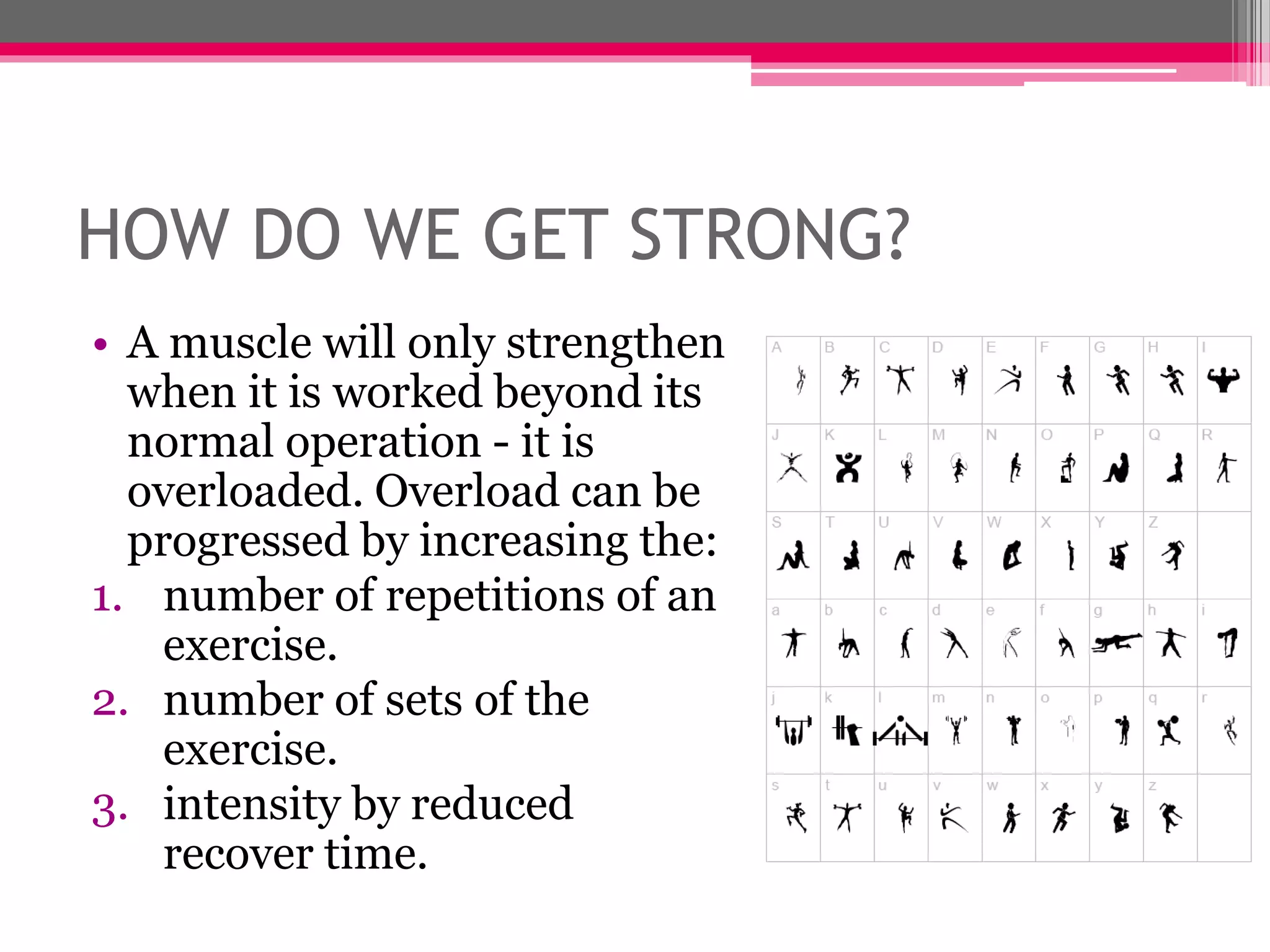 HOW DO WE GET STRONG?
• A muscle will only strengthen
when it is worked beyond its
normal operation - it is
overloaded. Overload can be
progressed by increasing the:
1. number of repetitions of an
exercise.
2. number of sets of the
exercise.
3. intensity by reduced
recover time.
 