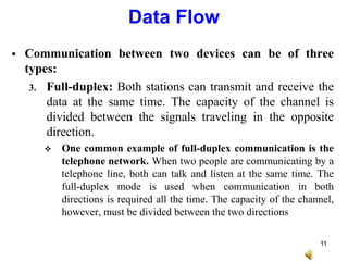  Communication between two devices can be of three
types:
3. Full-duplex: Both stations can transmit and receive the
data at the same time. The capacity of the channel is
divided between the signals traveling in the opposite
direction.
 One common example of full-duplex communication is the
telephone network. When two people are communicating by a
telephone line, both can talk and listen at the same time. The
full-duplex mode is used when communication in both
directions is required all the time. The capacity of the channel,
however, must be divided between the two directions
Data Flow
11
 