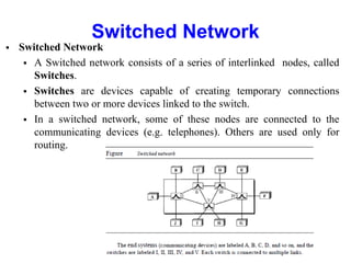  Switched Network
 A Switched network consists of a series of interlinked nodes, called
Switches.
 Switches are devices capable of creating temporary connections
between two or more devices linked to the switch.
 In a switched network, some of these nodes are connected to the
communicating devices (e.g. telephones). Others are used only for
routing.
Switched Network
 